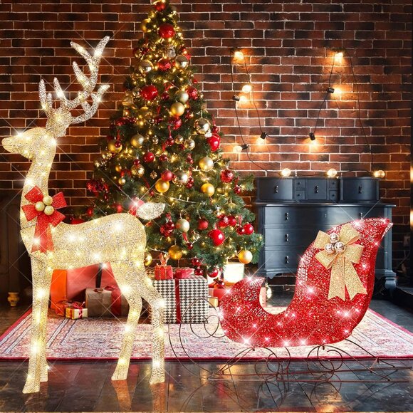Whimsical 54” Reindeer Sleigh Decoration with Multicolor Lights for Holidays